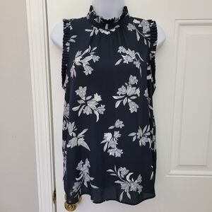 Ann Taylor Sleeveless Navy Blue white Floral Pleated Blouse Classic Career Small